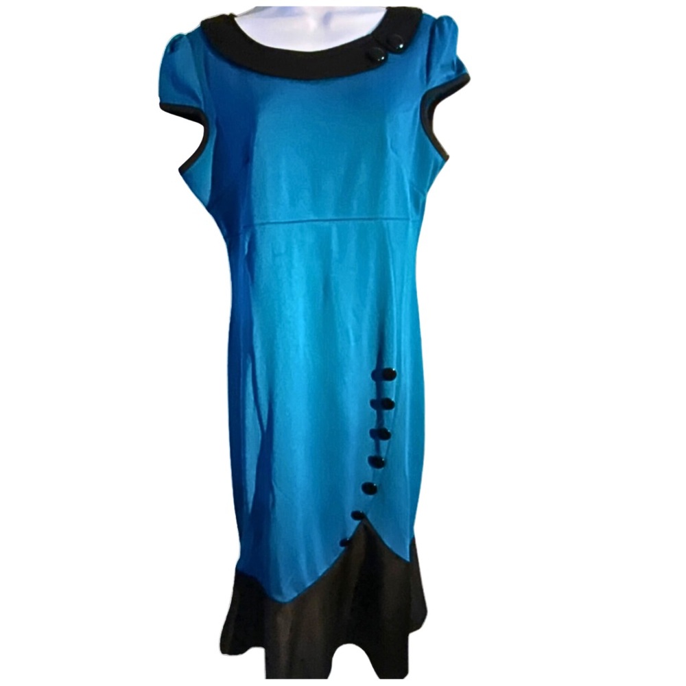 VINTAGE ROCKABILLY DRESS Pin Up Minimalist Wiggle Dress Blue & Black Midi SZ L